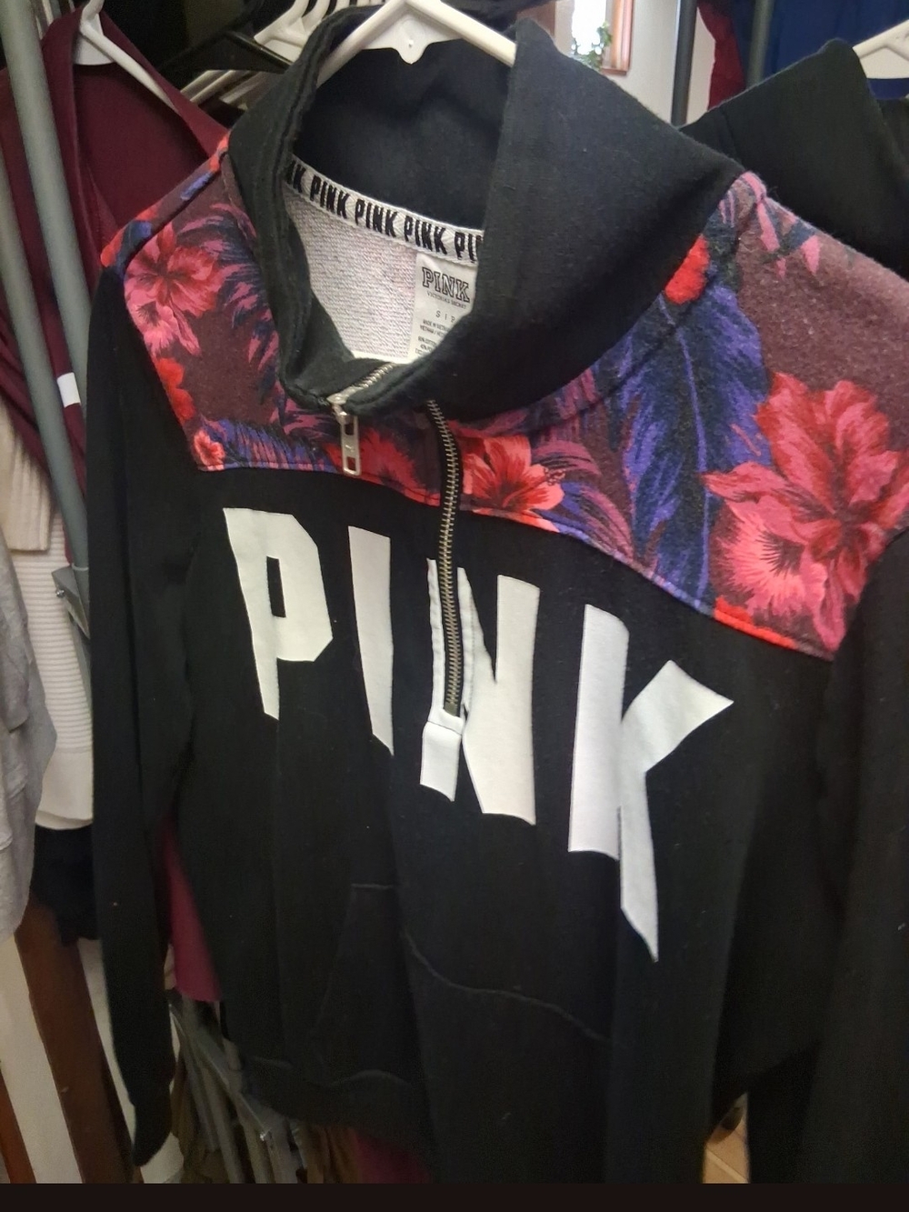 PINK Victoria's Secret Black Pullover Hoodie with Red & Purple Floral Yoke